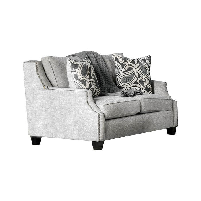 Fabric Upholstered Wooden Loveseat with Sloped Armrest, Gray