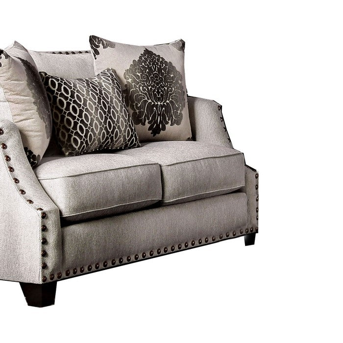 Wood and Fabric Loveseat with Nailhead Trim and Sloped Armrest, Beige