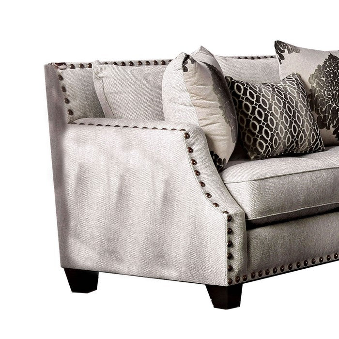 Wood and Fabric Loveseat with Nailhead Trim and Sloped Armrest, Beige