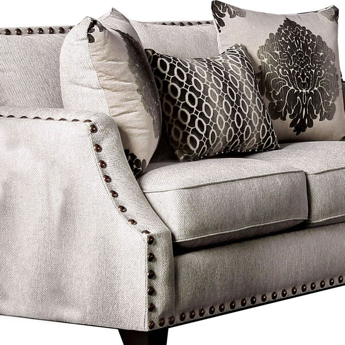 Wood and Fabric Loveseat with Nailhead Trim and Sloped Armrest, Beige