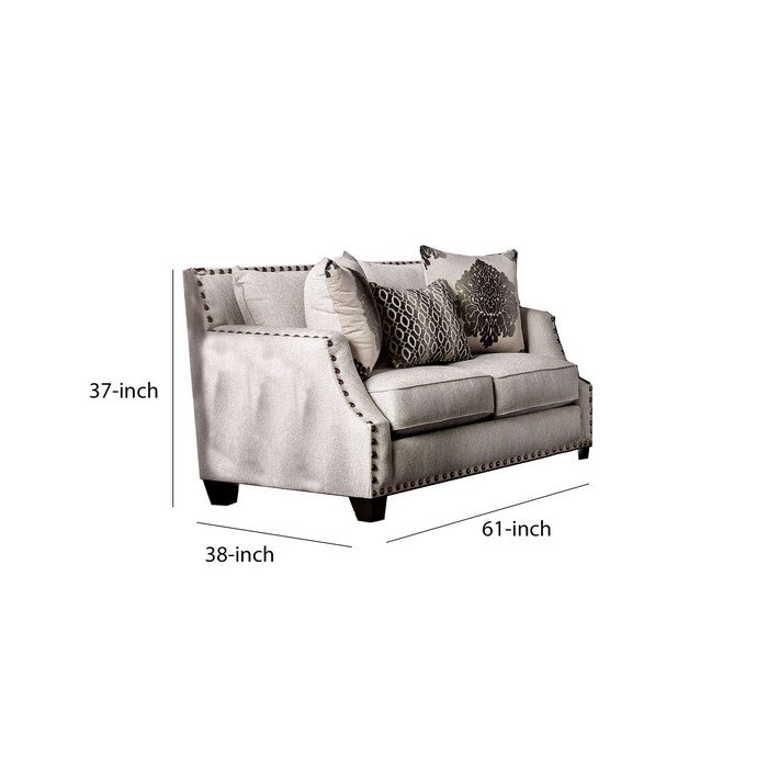 Wood and Fabric Loveseat with Nailhead Trim and Sloped Armrest, Beige