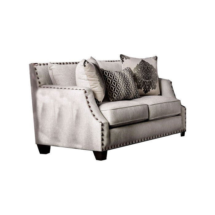 Wood and Fabric Loveseat with Nailhead Trim and Sloped Armrest, Beige