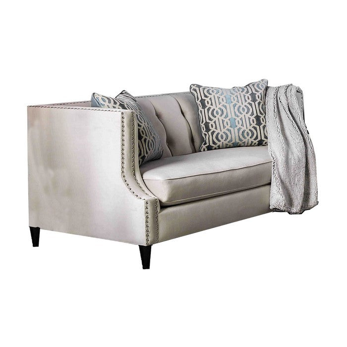Fabric Upholstered Tufted Wooden Loveseat with High Track Arms, Gray