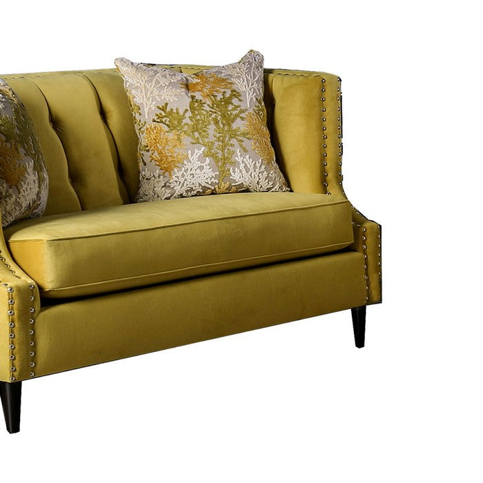 Fabric Upholstered Tufted Wooden Loveseat with High Track Arms, Yellow