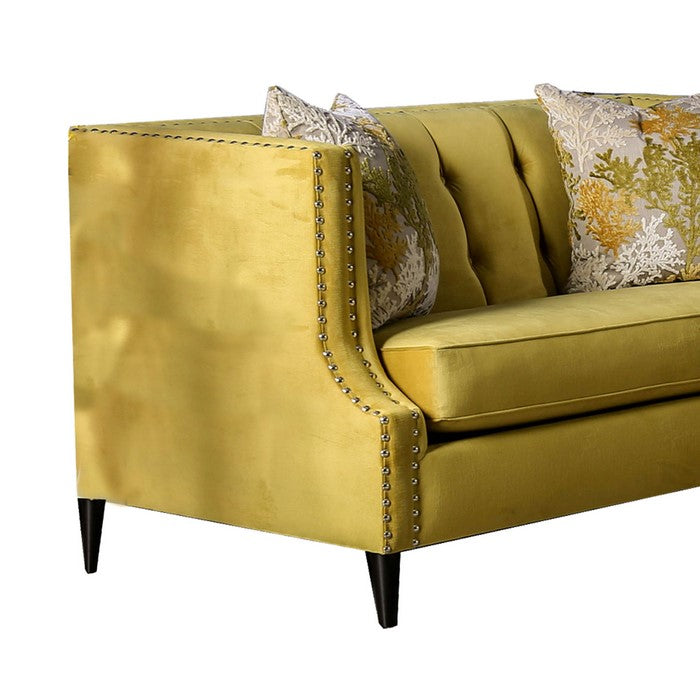 Fabric Upholstered Tufted Wooden Loveseat with High Track Arms, Yellow
