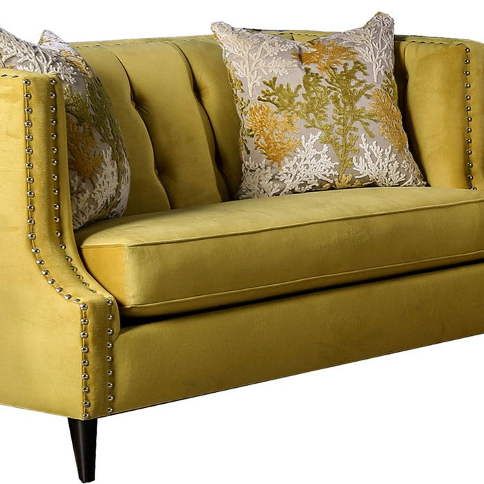 Fabric Upholstered Tufted Wooden Loveseat with High Track Arms, Yellow