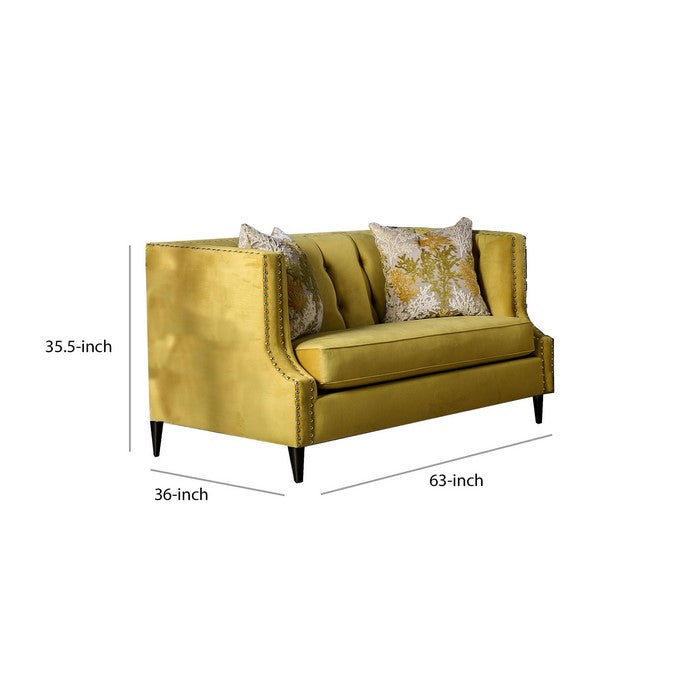 Fabric Upholstered Tufted Wooden Loveseat with High Track Arms, Yellow