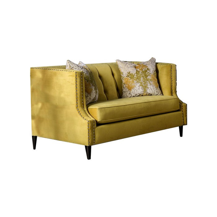 Fabric Upholstered Tufted Wooden Loveseat with High Track Arms, Yellow
