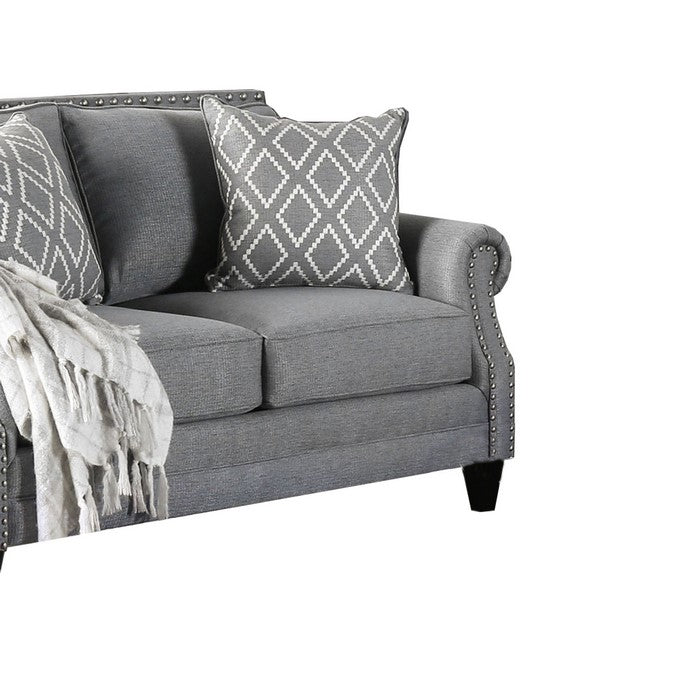 Fabric Upholstered Wooden Loveseat with Nailhead Trims, Gray