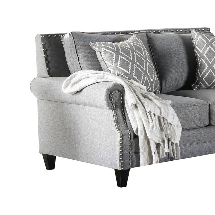 Fabric Upholstered Wooden Loveseat with Nailhead Trims, Gray