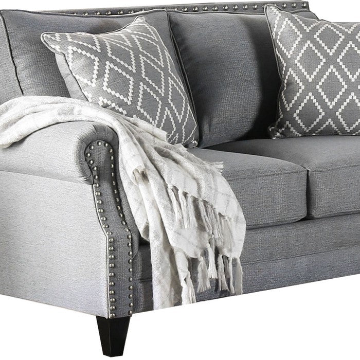 Fabric Upholstered Wooden Loveseat with Nailhead Trims, Gray