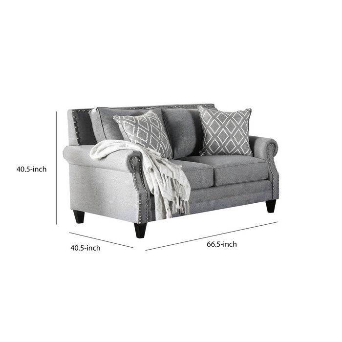 Fabric Upholstered Wooden Loveseat with Nailhead Trims, Gray