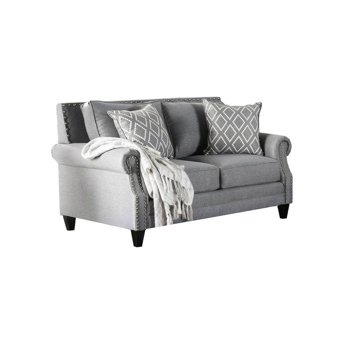 Fabric Upholstered Wooden Loveseat with Nailhead Trims, Gray