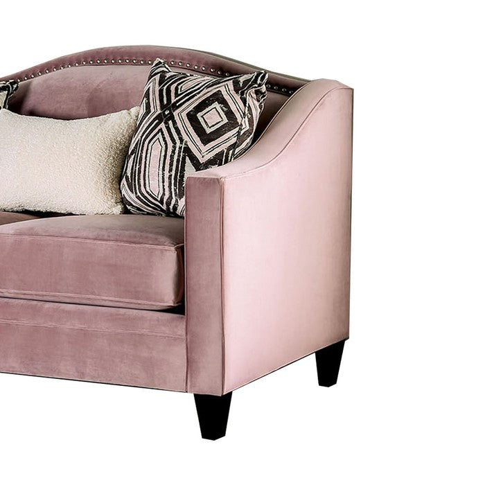 Fabric Upholstered Wooden Loveseat with Sloped Track Arms, Pink