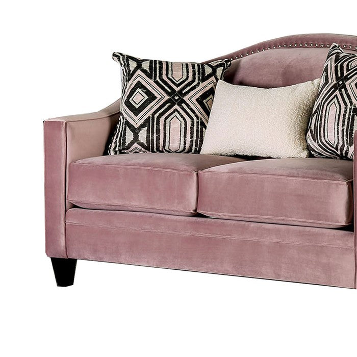 Fabric Upholstered Wooden Loveseat with Sloped Track Arms, Pink
