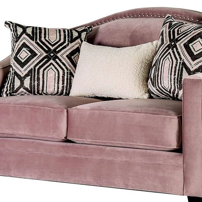 Fabric Upholstered Wooden Loveseat with Sloped Track Arms, Pink