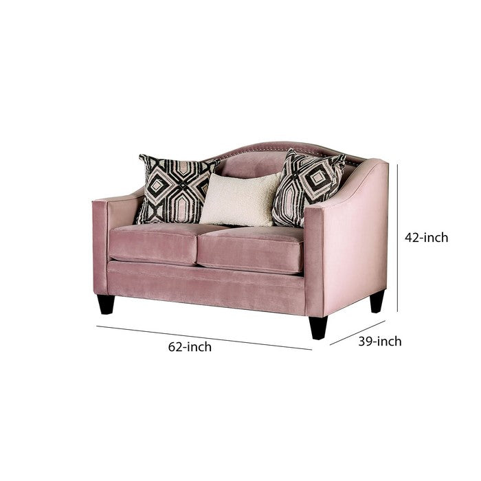 Fabric Upholstered Wooden Loveseat with Sloped Track Arms, Pink