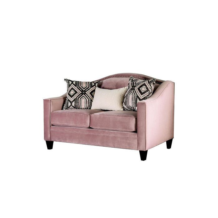 Fabric Upholstered Wooden Loveseat with Sloped Track Arms, Pink
