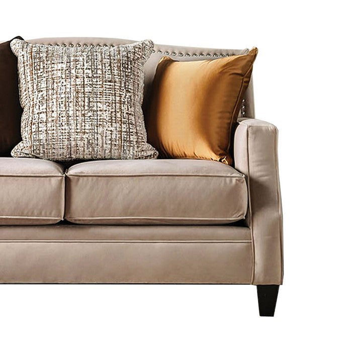 Fabric Upholstered Wooden Loveseat with Sloped Track Arms, Brown