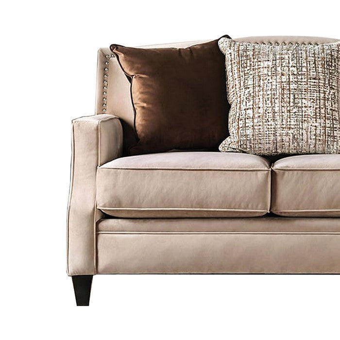 Fabric Upholstered Wooden Loveseat with Sloped Track Arms, Brown