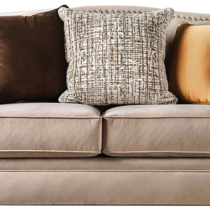 Fabric Upholstered Wooden Loveseat with Sloped Track Arms, Brown