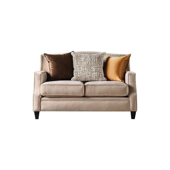 Fabric Upholstered Wooden Loveseat with Sloped Track Arms, Brown