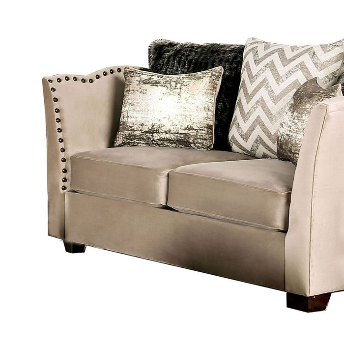 Fabric Upholstered Wooden Loveseat with Flared Arms, Beige