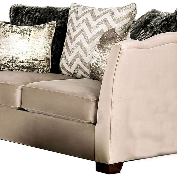 Fabric Upholstered Wooden Loveseat with Flared Arms, Beige