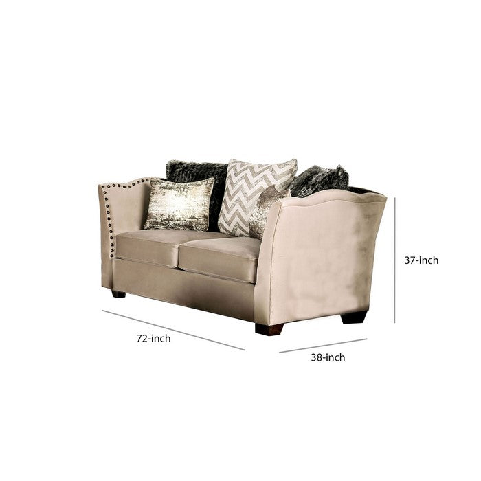 Fabric Upholstered Wooden Loveseat with Flared Arms, Beige