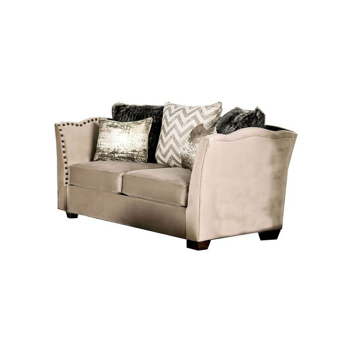 Fabric Upholstered Wooden Loveseat with Flared Arms, Beige