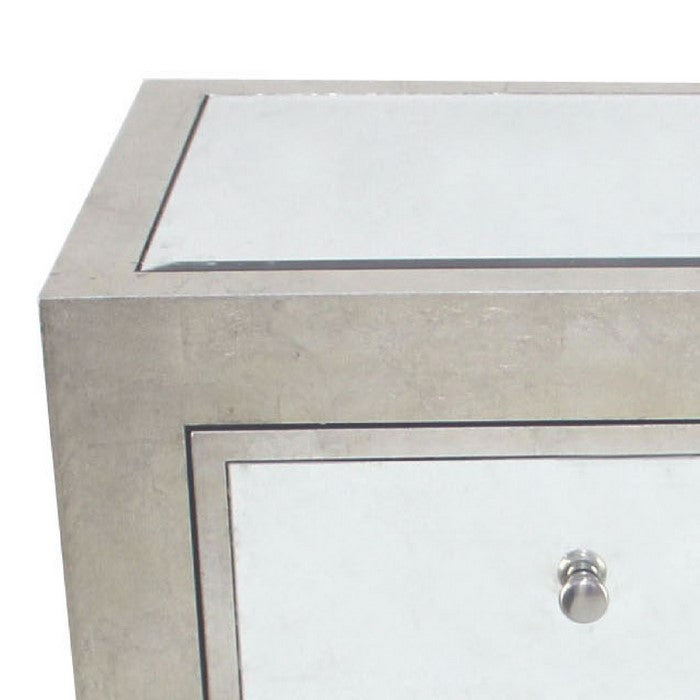 Wooden Cabinet with Mirror Accented Top with Four Drawers, Silver