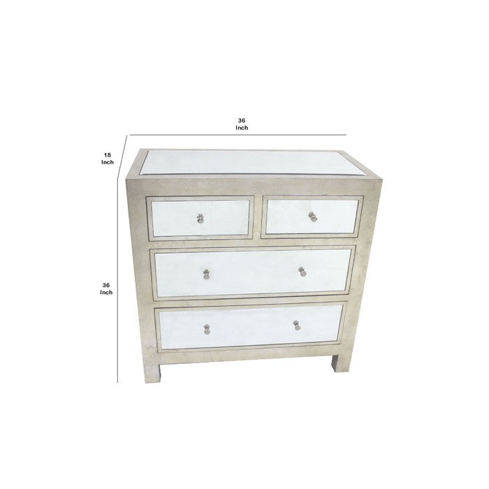 Wooden Cabinet with Mirror Accented Top with Four Drawers, Silver