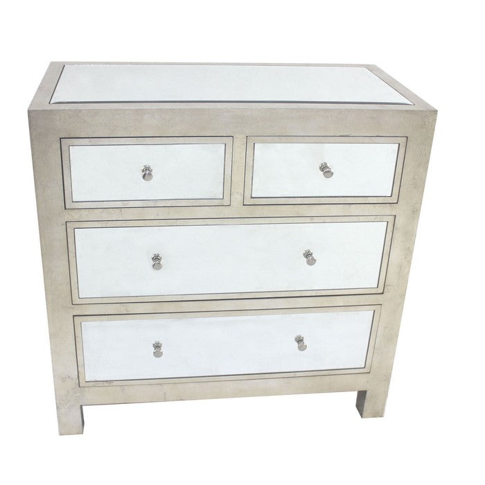 Wooden Cabinet with Mirror Accented Top with Four Drawers, Silver