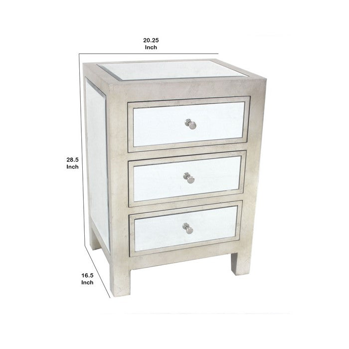 Contemporary Style Wooden End Table with Three Drawers, Silver