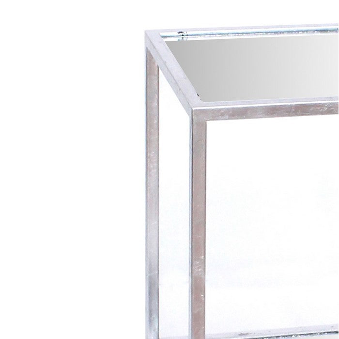 Metal End Table with Accented Mirror and Braces Supported Shelf,Silver