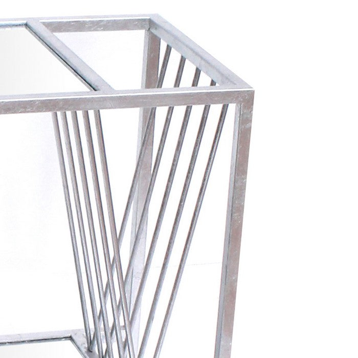 Metal End Table with Accented Mirror and Braces Supported Shelf,Silver