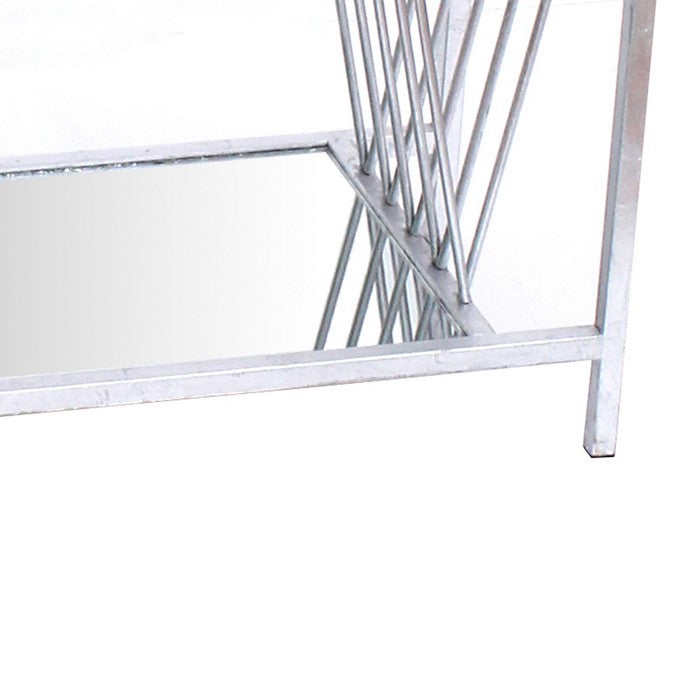 Metal End Table with Accented Mirror and Braces Supported Shelf,Silver
