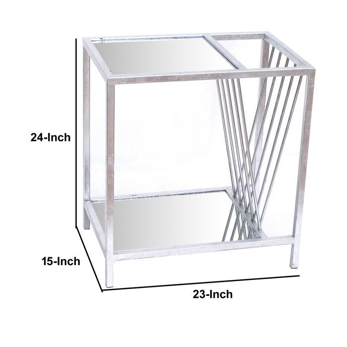 Metal End Table with Accented Mirror and Braces Supported Shelf,Silver