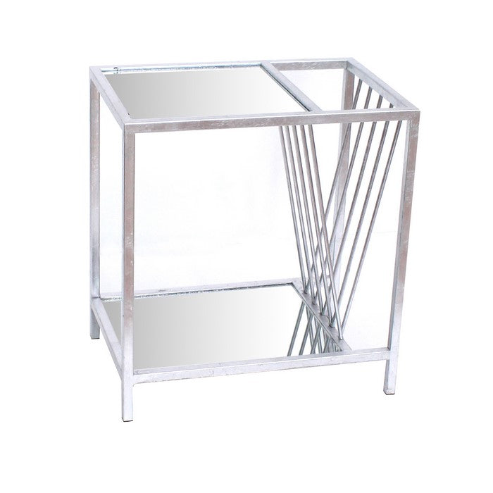 Metal End Table with Accented Mirror and Braces Supported Shelf,Silver