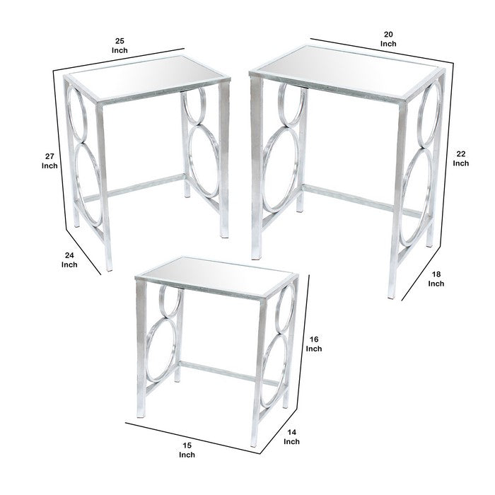 Three Piece Metal Nesting Tables with Circular Stacked Design, Silver