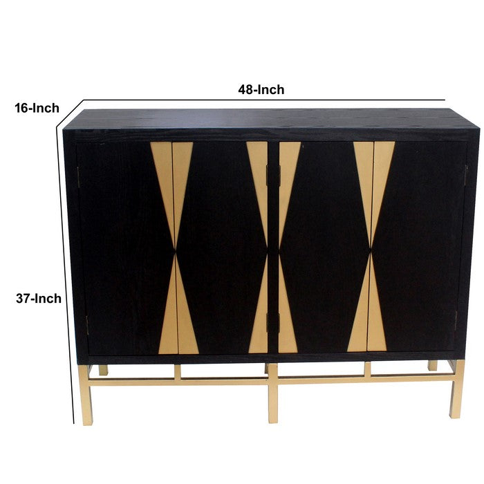 Wooden Storage Cabinet with Four Shelves and Metal Base,Black and Gold
