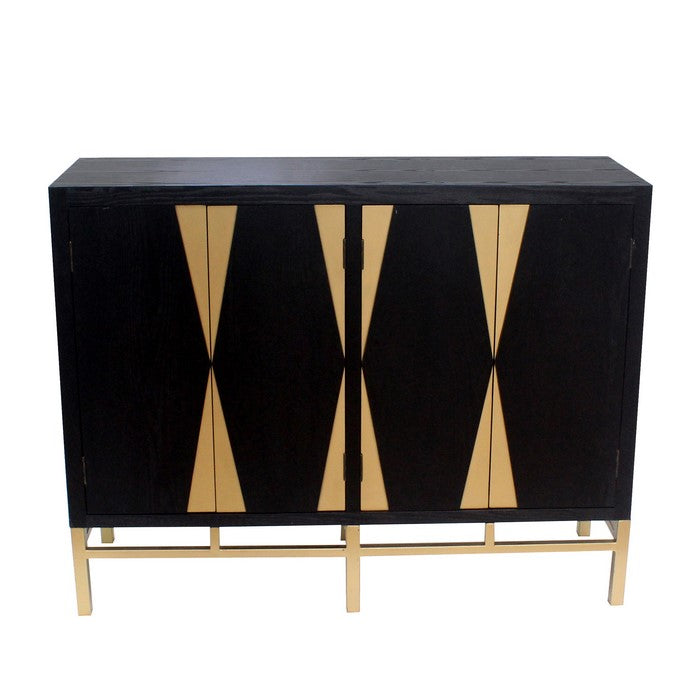 Wooden Storage Cabinet with Four Shelves and Metal Base,Black and Gold