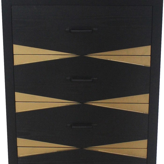 Wooden Side Table with Metal Base and Four Drawers, Black and Gold
