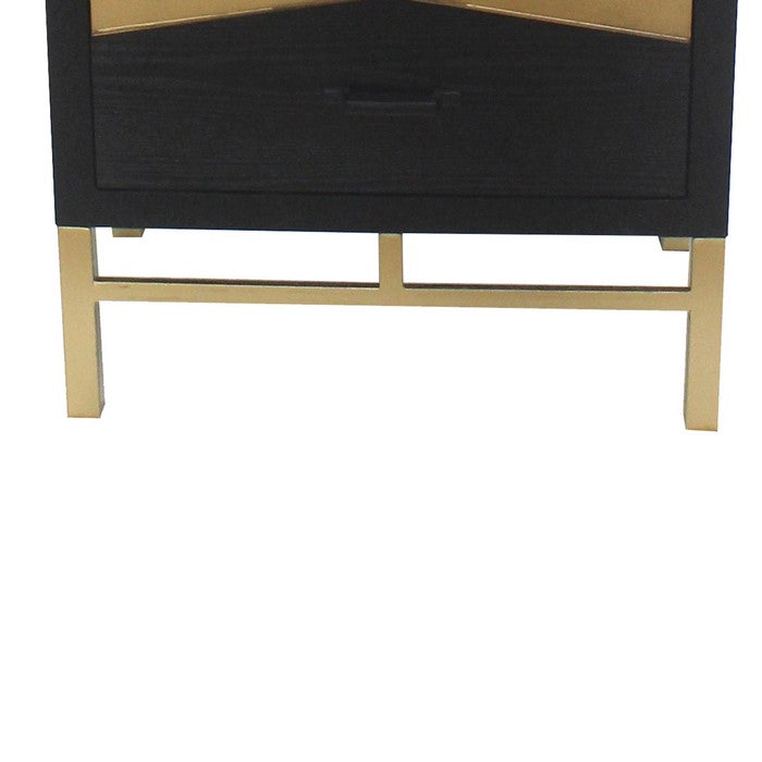 Wooden Side Table with Metal Base and Four Drawers, Black and Gold