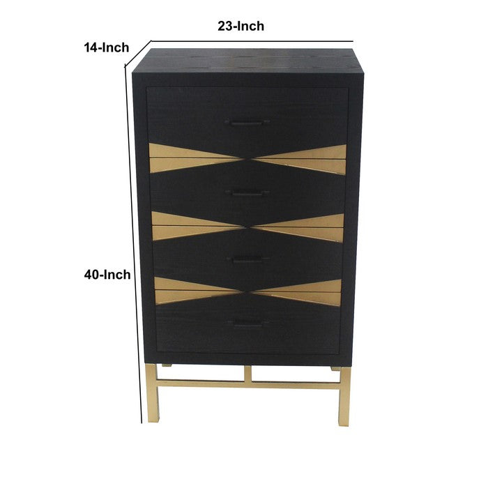 Wooden Side Table with Metal Base and Four Drawers, Black and Gold