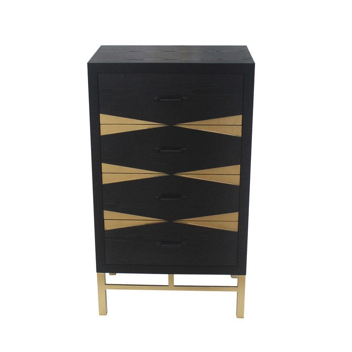 Wooden Side Table with Metal Base and Four Drawers, Black and Gold