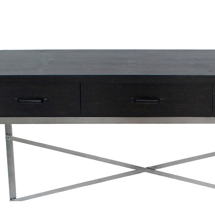 Wooden Console Table with Metal Base and 3 Drawers, Brown and Silver