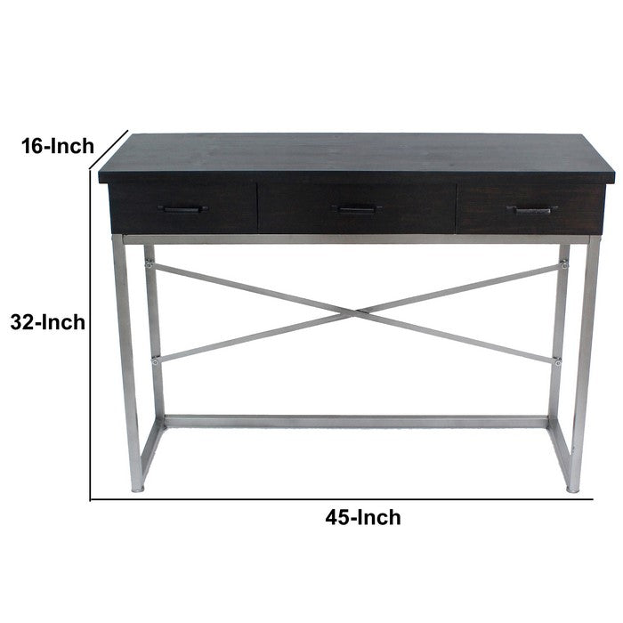 Wooden Console Table with Metal Base and 3 Drawers, Brown and Silver