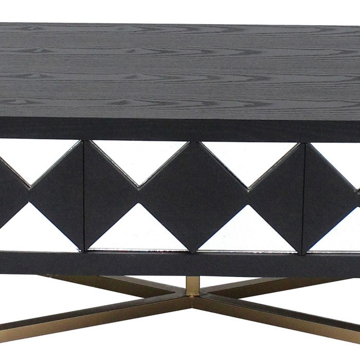 Wooden Coffee Table with 3 Drawers and X Shape Base, Black and Gold