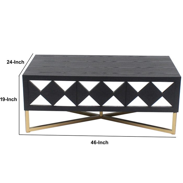 Wooden Coffee Table with 3 Drawers and X Shape Base, Black and Gold